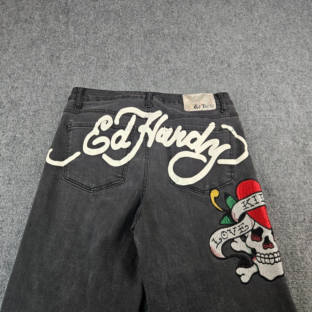Ed Hardy Wide Leg Jeans Faded Black Tattoo Graphic Love Kills Slowly 28 WEHDB300